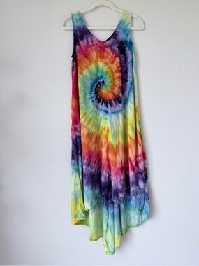 Dharma Trading Co Rainbow Spiral Tie Dye Rayon Midi Maxi Dress M